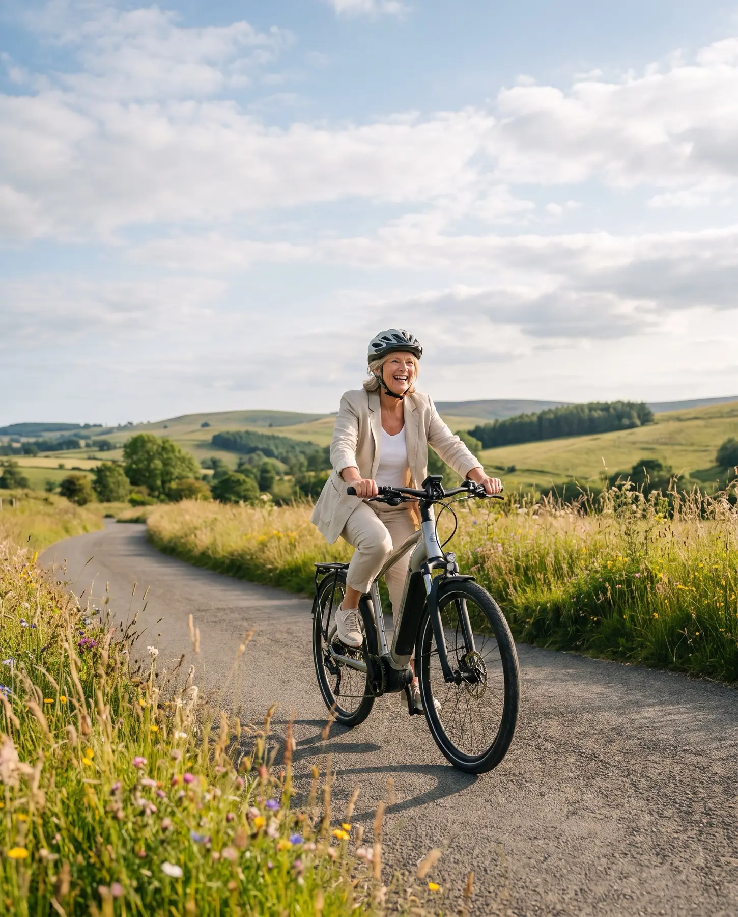 Vrouw met helm fietst op een fiets door een heuvelachtig landschap