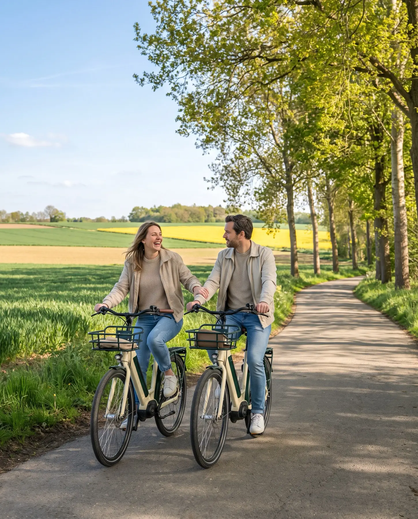 Koppel fietst lachend over een landweg tussen de velden