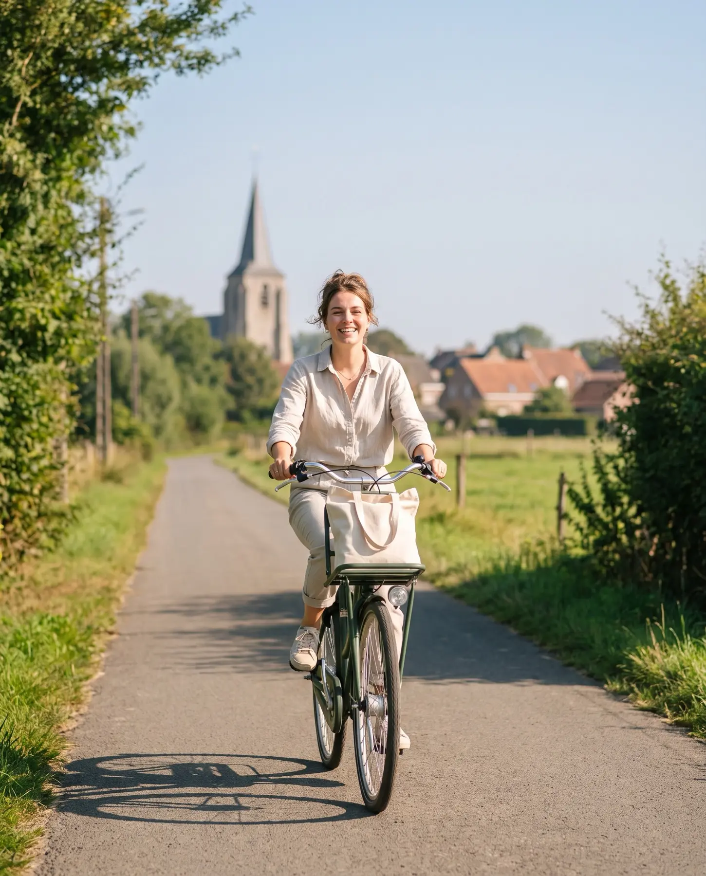Jonge vrouw fietst met een draagtas over een dorpsweg met kerktoren