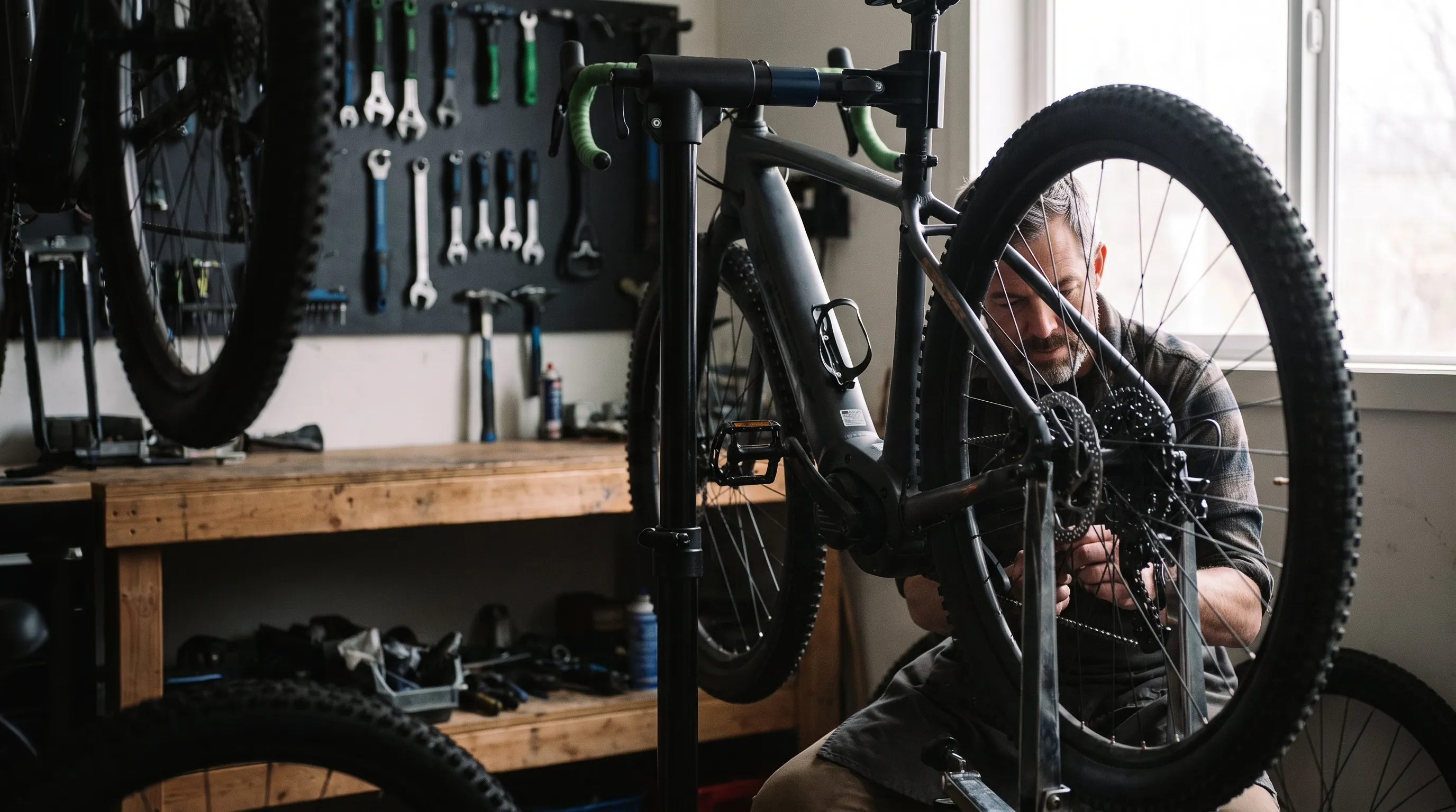 Fietsenmaker stelt versnellingen af in de werkplaats